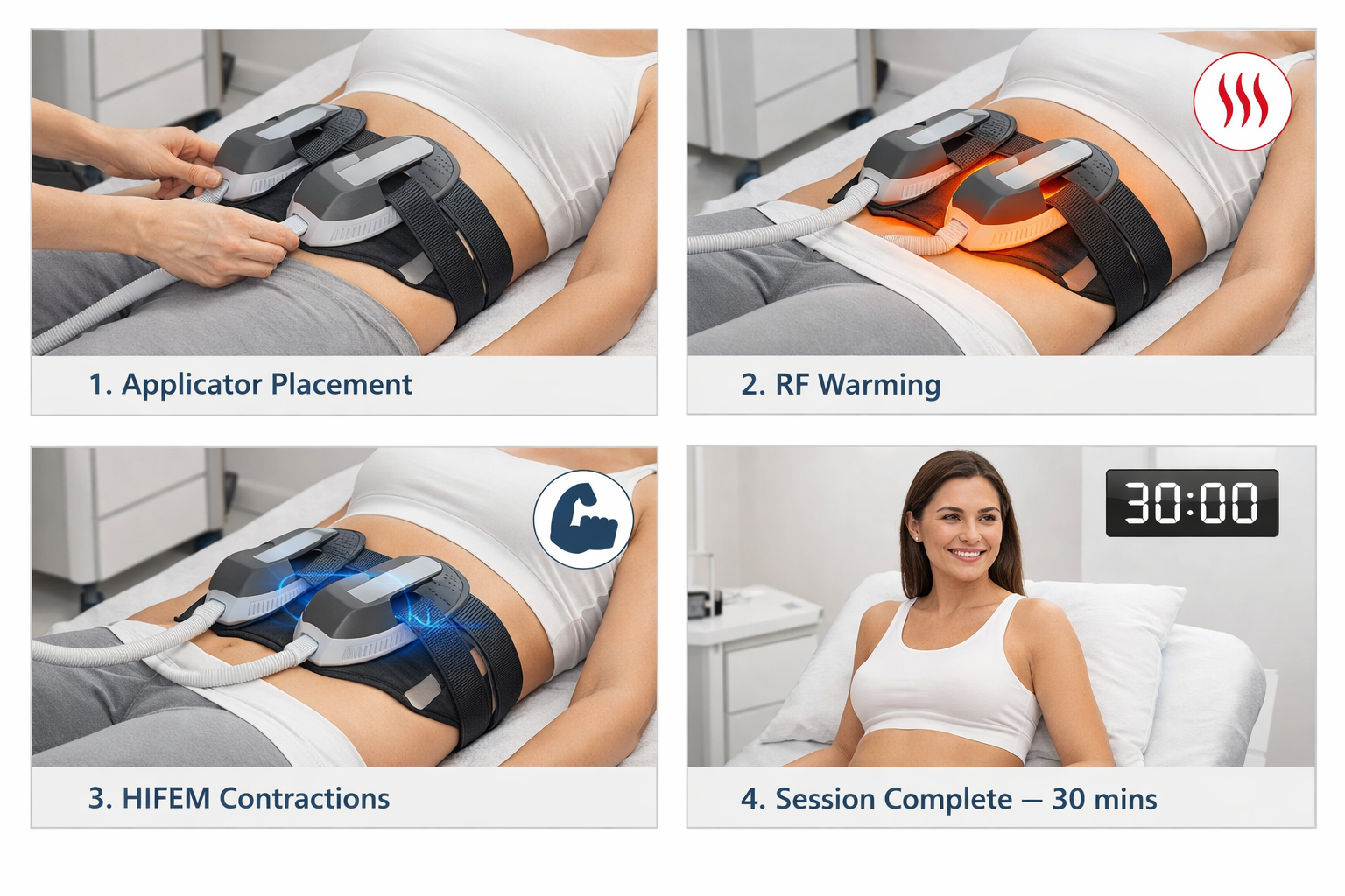 Step-by-step diagram of what happens during an Emsculpt NEO 30-minute treatment session