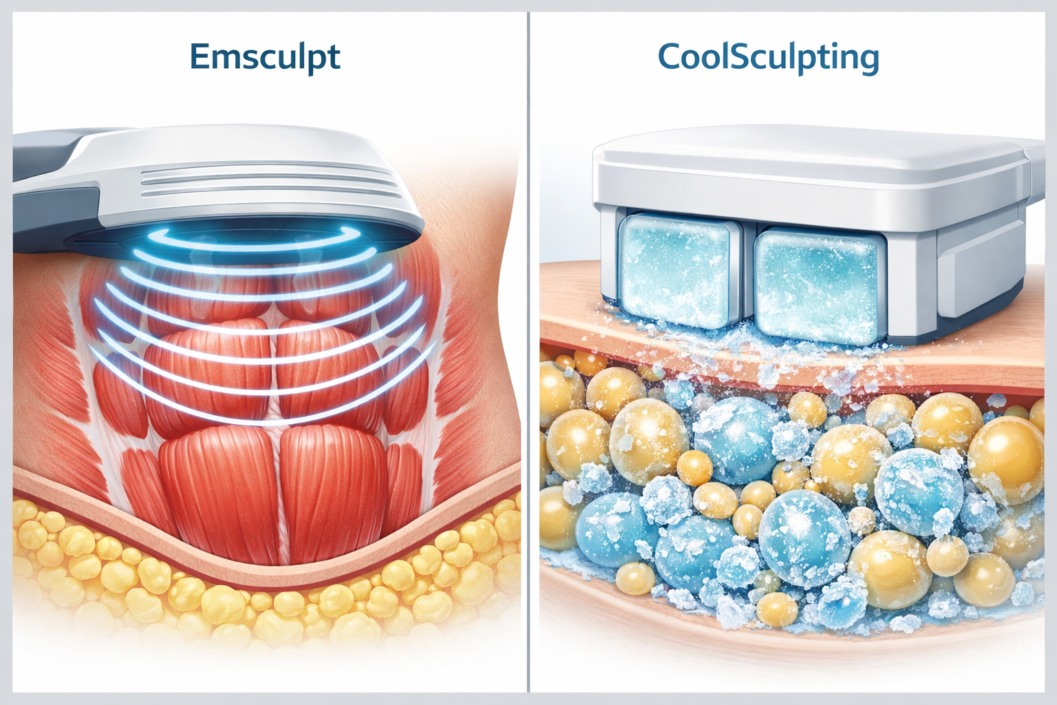 Emsculpt vs CoolSculpting illustrated comparison of HIFEM muscle stimulation and cryolipolysis fat