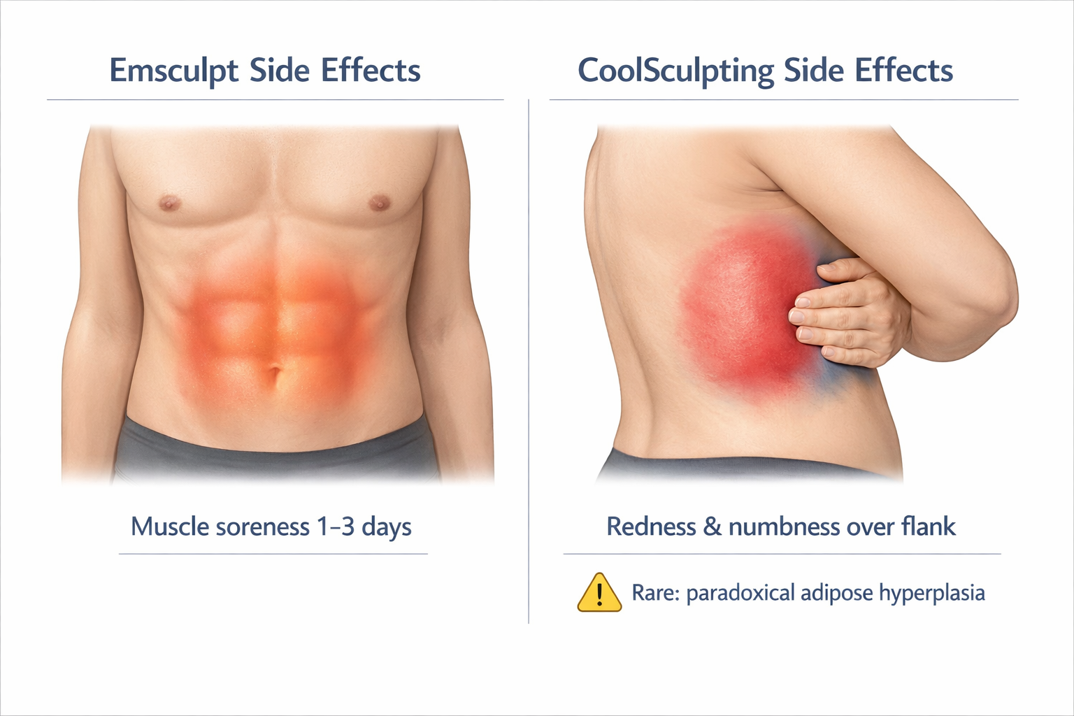 Side effects comparison illustration for Emsculpt muscle soreness and CoolSculpting skin reactions