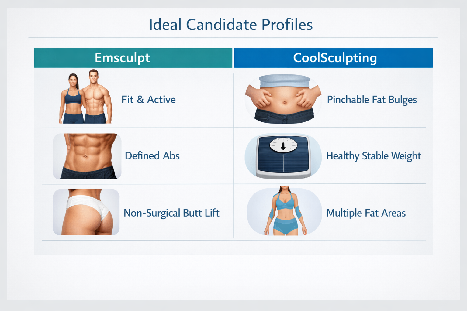 Infographic comparing ideal candidacy criteria for Emsculpt versus CoolSculpting