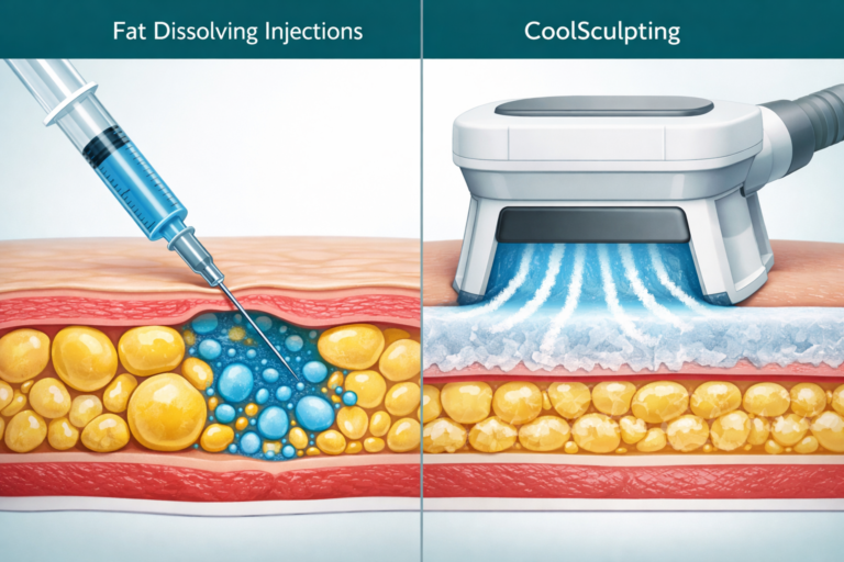 Fat dissolving injections versus CoolSculpting comparison illustration for body contouring