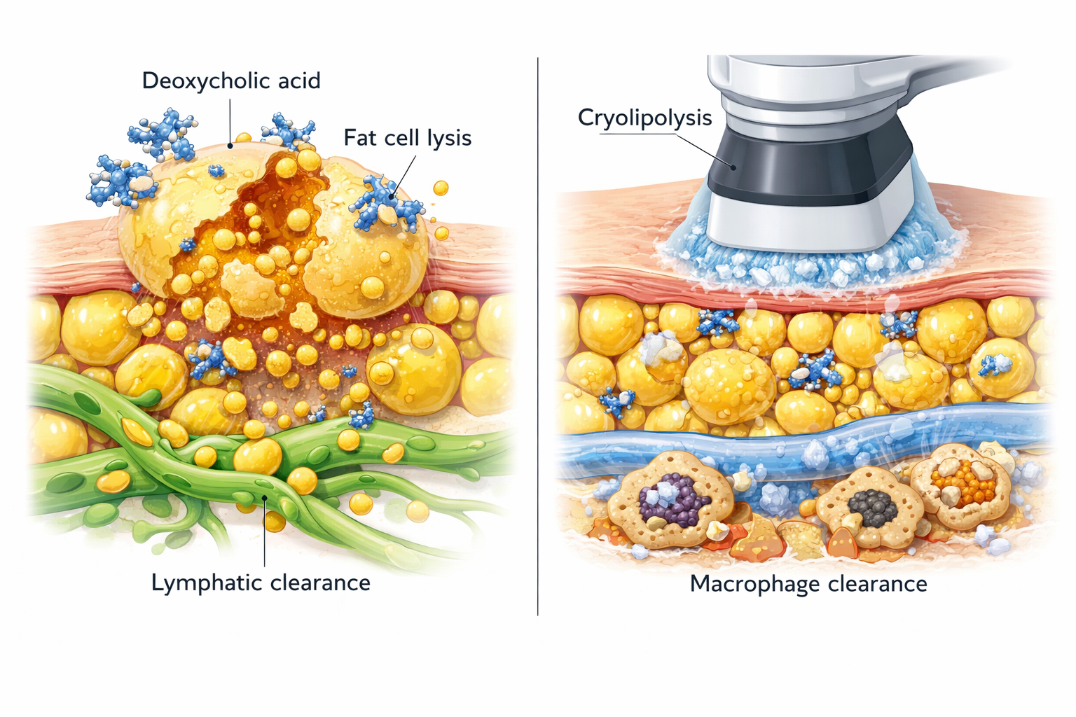 Diagram showing deoxycholic acid breaking fat cell membranes and cryolipolysis destroying fat cells