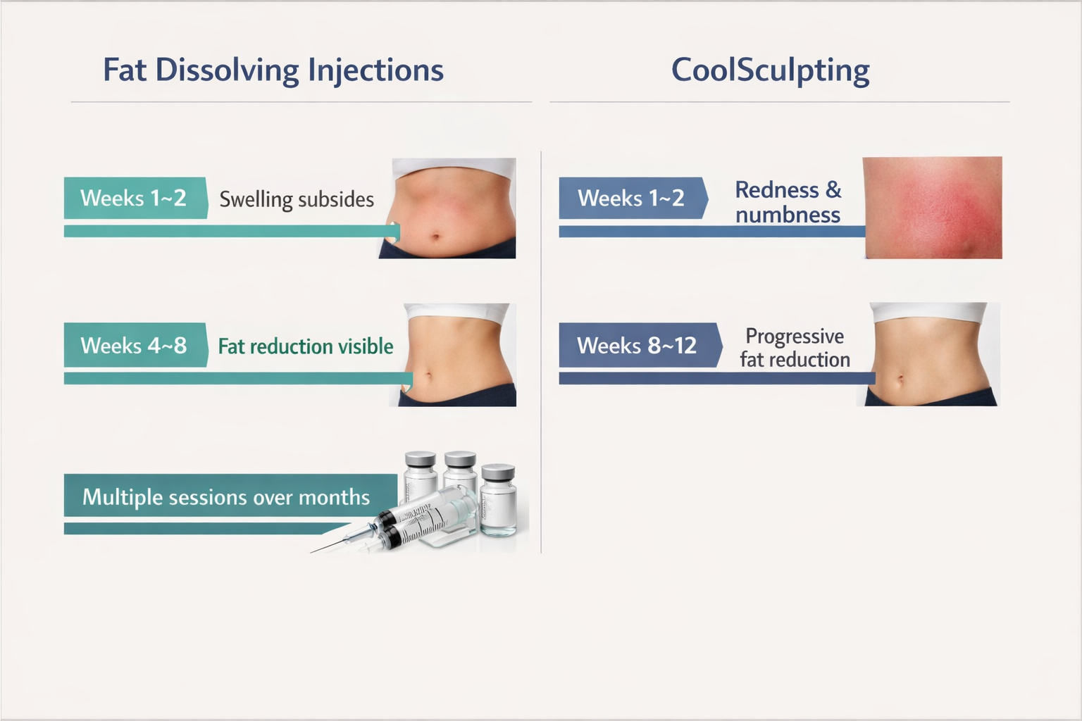 Timeline infographic comparing results schedule for fat dissolving injections and CoolSculpting