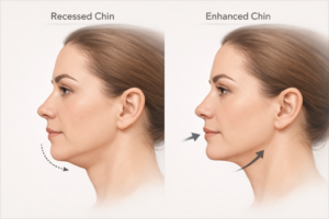 Illustration showing how chin filler improves chin projection and reduces the visual appearance of