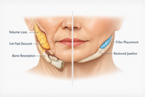 Illustration showing how dermal filler restores jawline contour and reduces jowl appearance