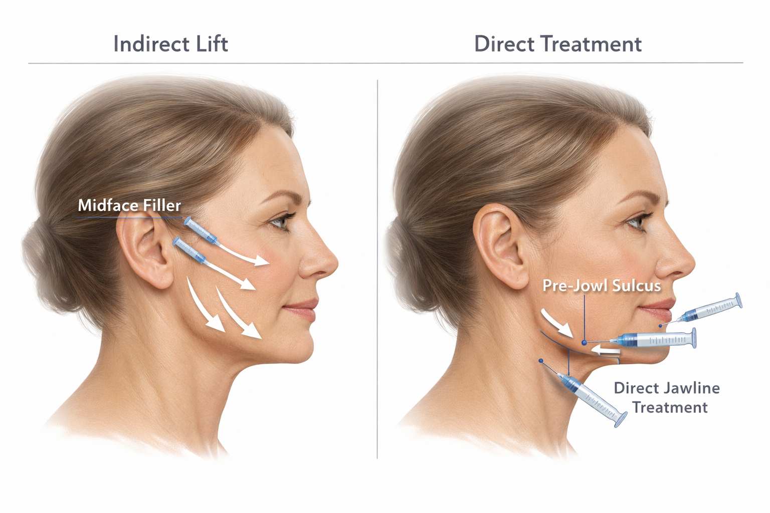 Diagram showing indirect midface filler lift and direct jawline filler placement for jowl treatment