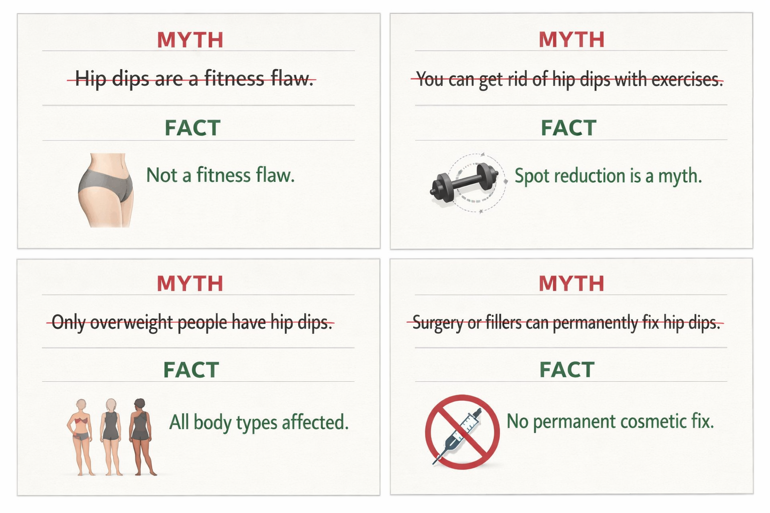 Myth versus fact cards debunking four common misconceptions about hip dips