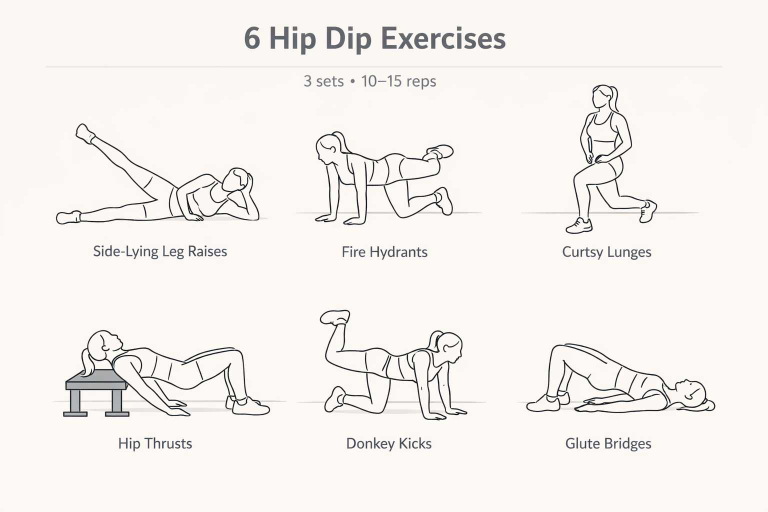 Six glute and hip abductor exercises illustrated with form guides for hip dip training