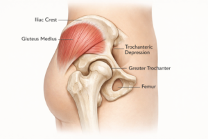 Anatomical illustration showing the iliac crest, greater trochanter and hip dip indentation