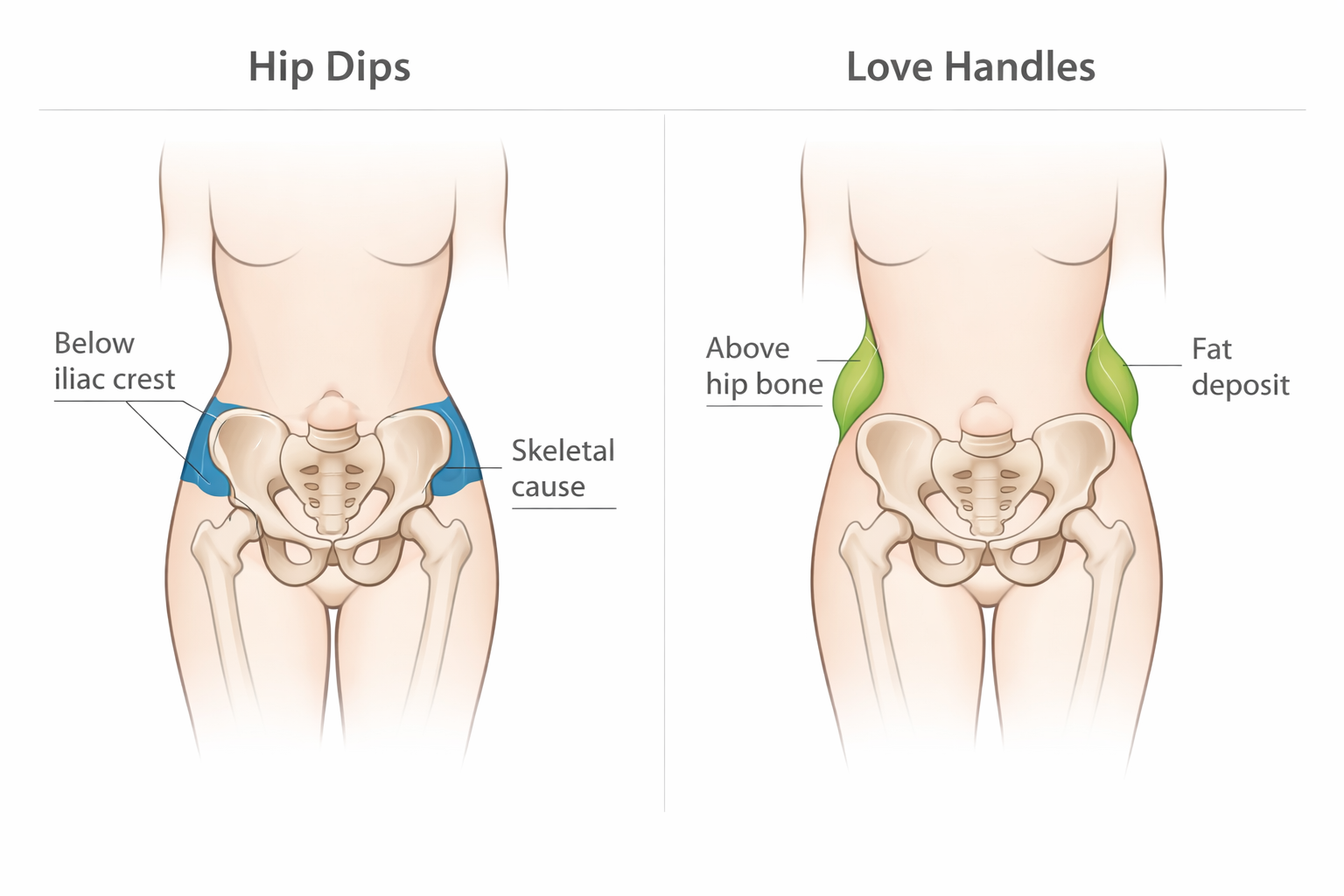 Diagram comparing the location of hip dips versus love handles on the outer hip and waist