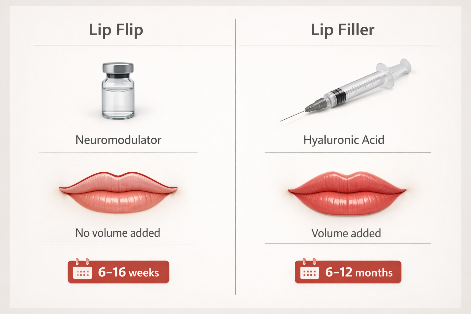 Comparison infographic of lip flip versus hyaluronic acid lip filler showing duration and mechanism