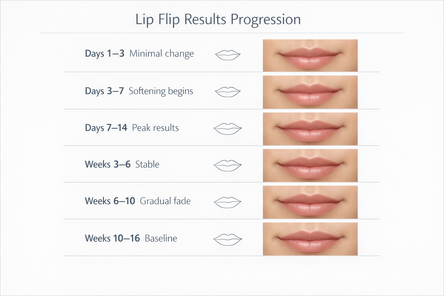 Week-by-week lip flip results timeline from injection day to full fade