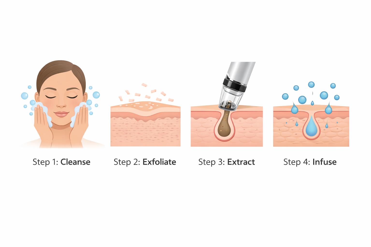 Four-step HydraFacial process: cleanse, exfoliate, extract, infuse