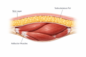 Inner thigh anatomy cross-section showing subcutaneous fat layer and adductor muscles
