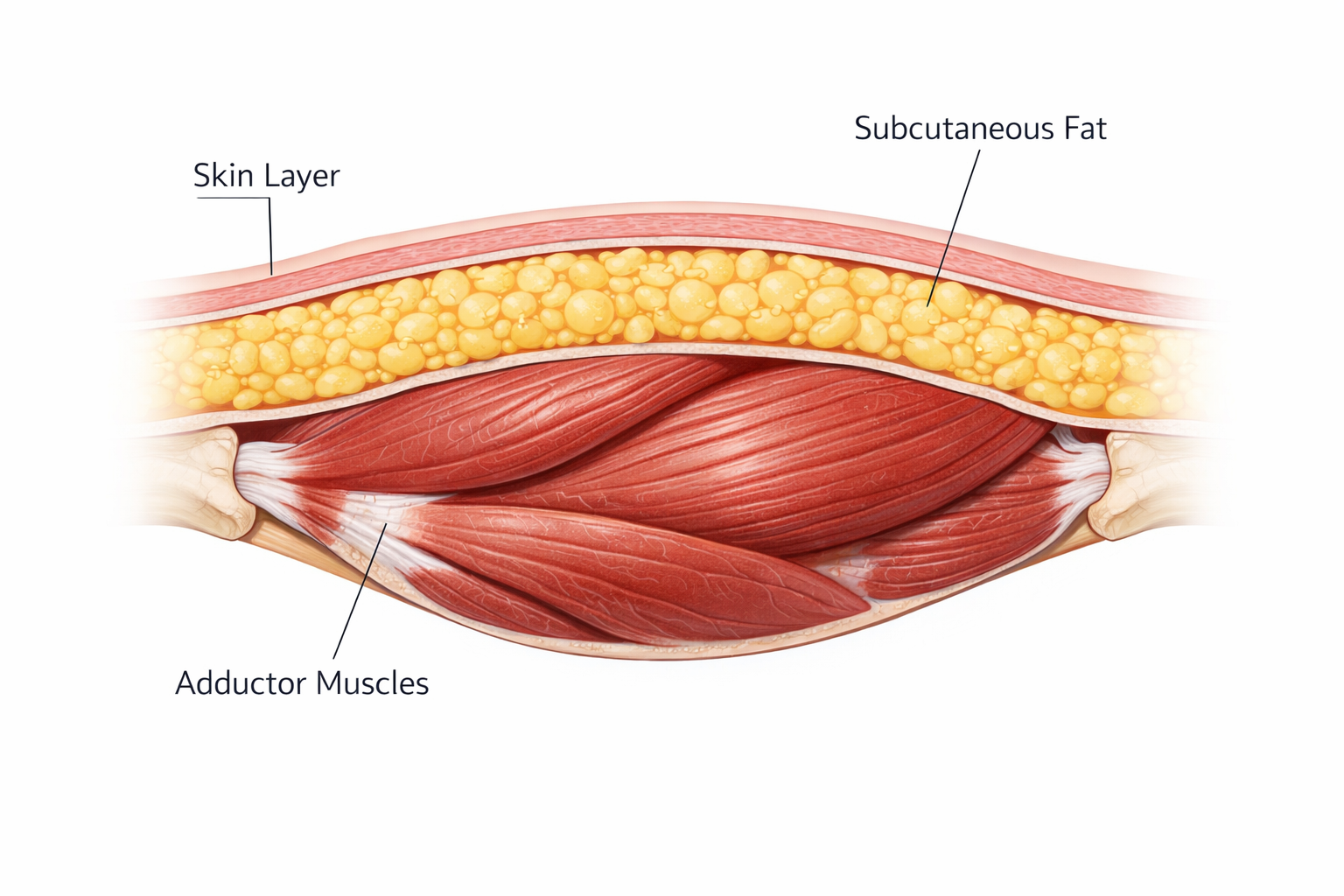 Inner thigh anatomy cross-section showing subcutaneous fat layer and adductor muscles