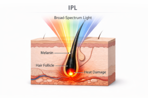 Diagram showing how IPL broad-spectrum light targets melanin in the hair follicle
