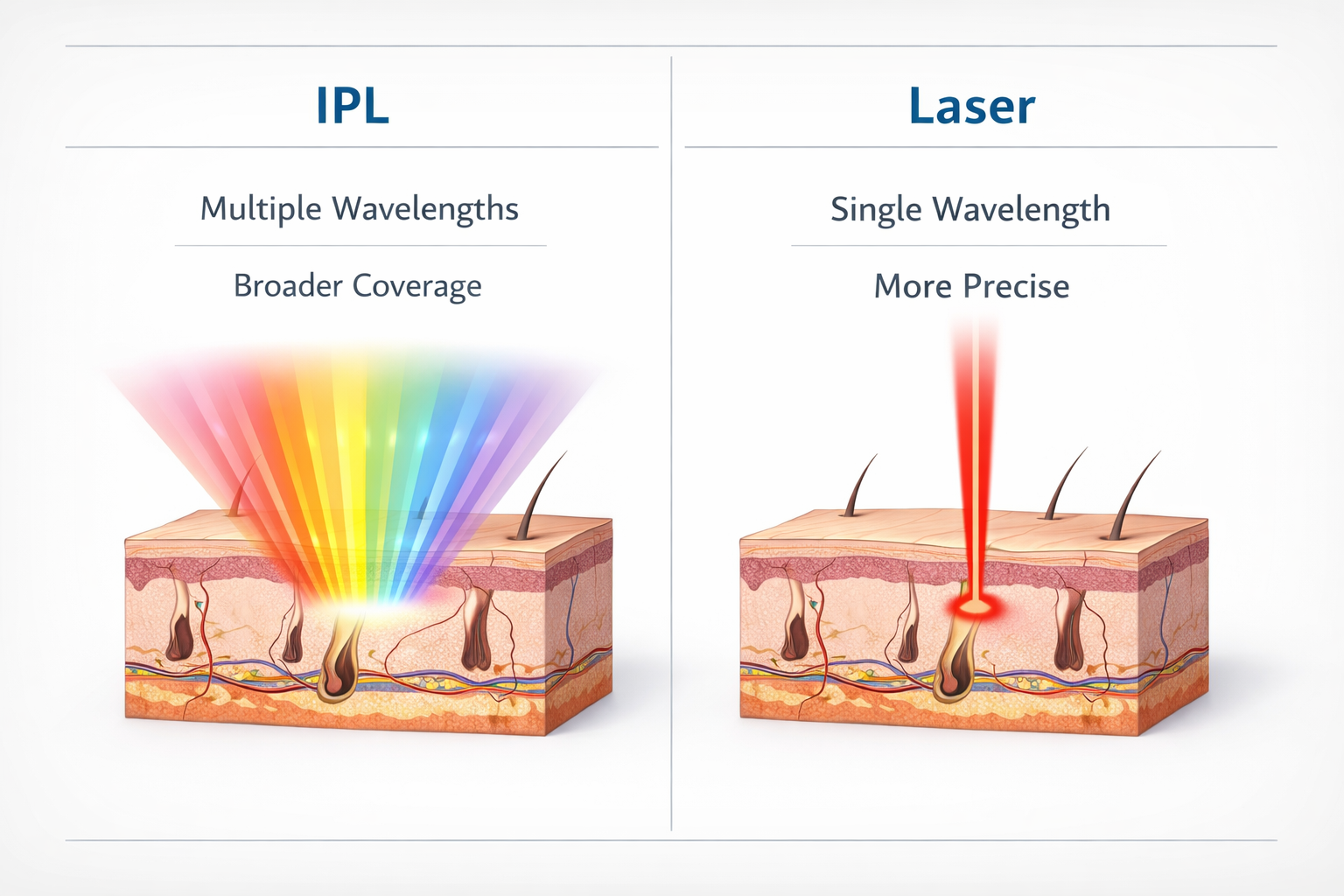 Side-by-side comparison of IPL broad-spectrum light versus focused single-wavelength laser beam