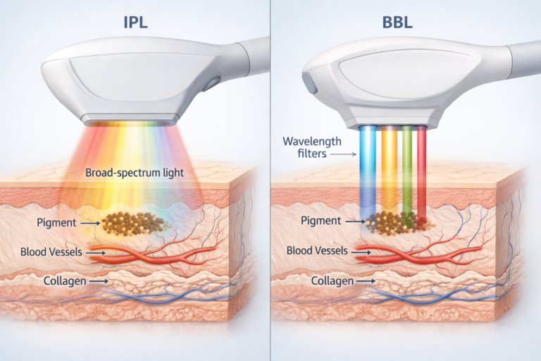 IPL vs BBL device comparison illustration showing light beam mechanisms for skin rejuvenation