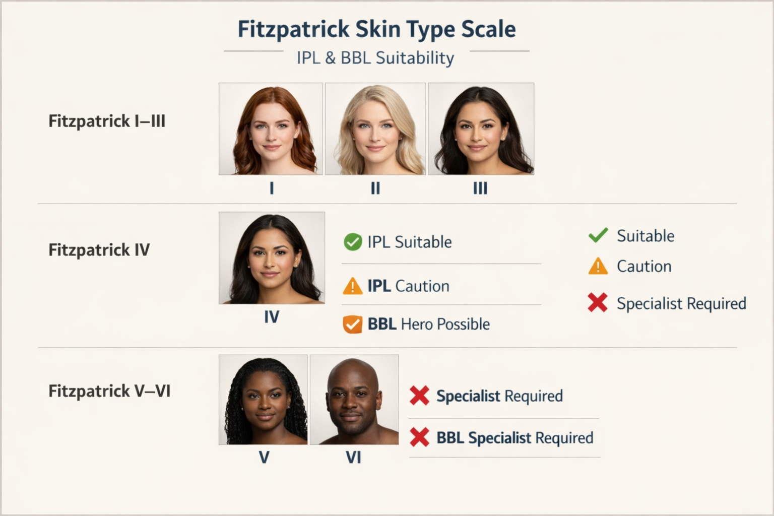 Fitzpatrick skin type scale showing IPL and BBL suitability across skin tones I to VI