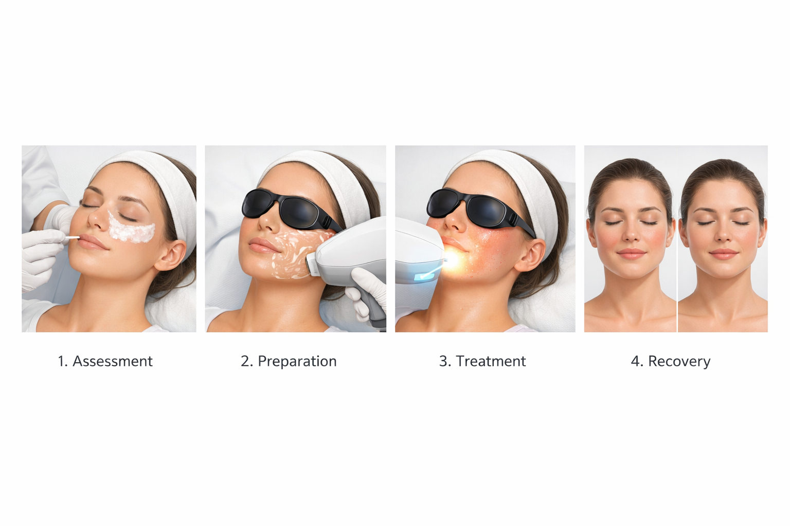 Step-by-step illustration of an IPL or BBL photofacial treatment process from prep to recovery