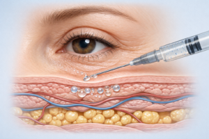 Lumi Eyes polynucleotide injection into the under-eye periocular area illustration