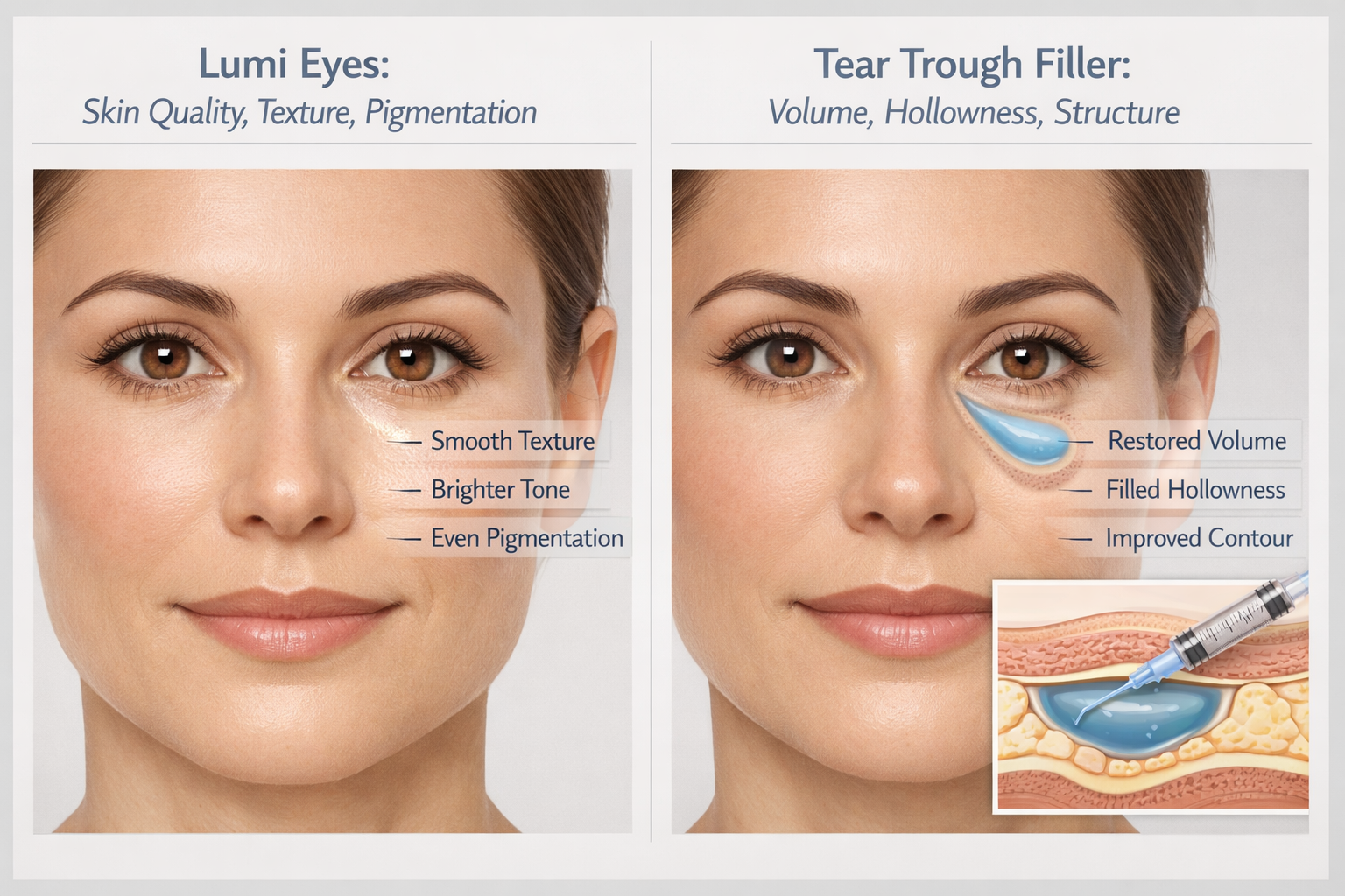 Comparison diagram of Lumi Eyes polynucleotide versus hyaluronic acid tear trough filler