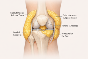 Anatomical illustration of knee fat deposits showing medial knee and above kneecap fat areas