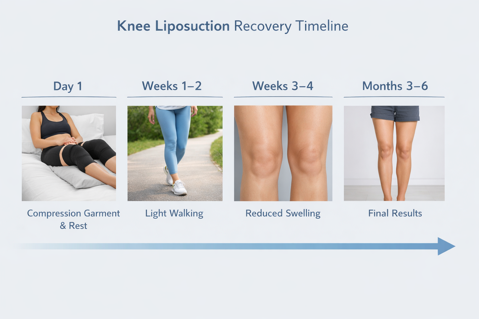 Knee liposuction recovery timeline from day one through to final results at six months