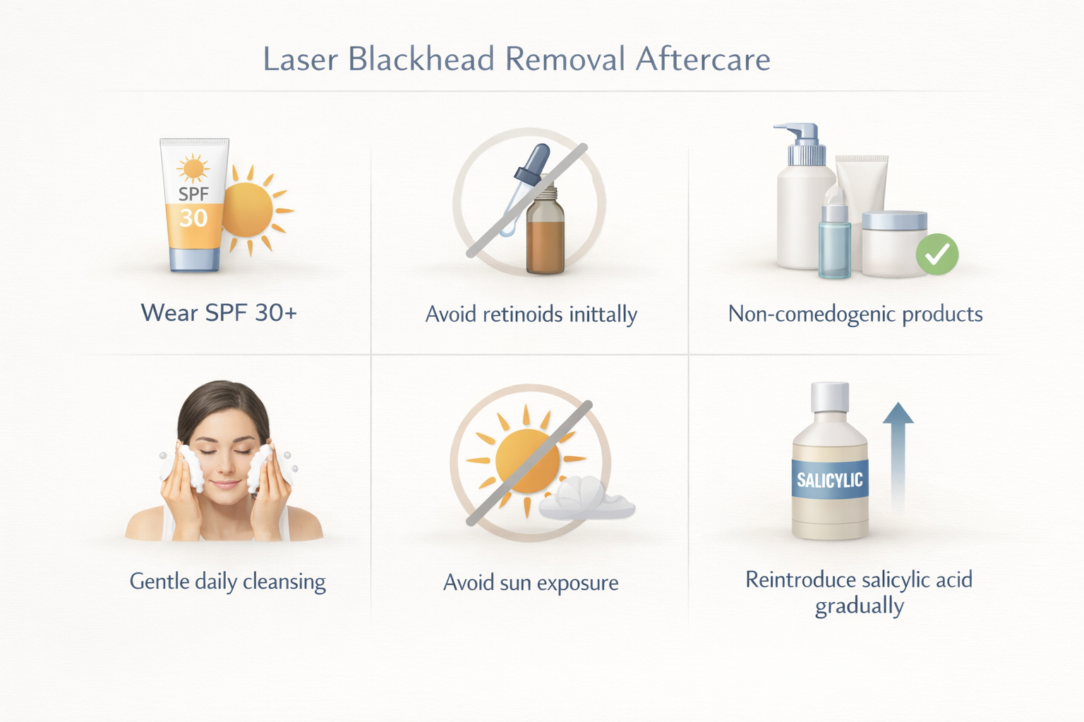 Aftercare tips infographic for laser blackhead removal showing SPF, gentle cleansing