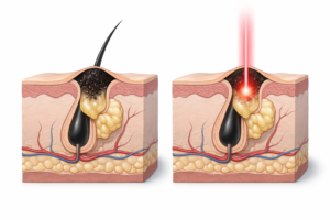 Cross-section illustration of a blackhead in a pore targeted by laser energy
