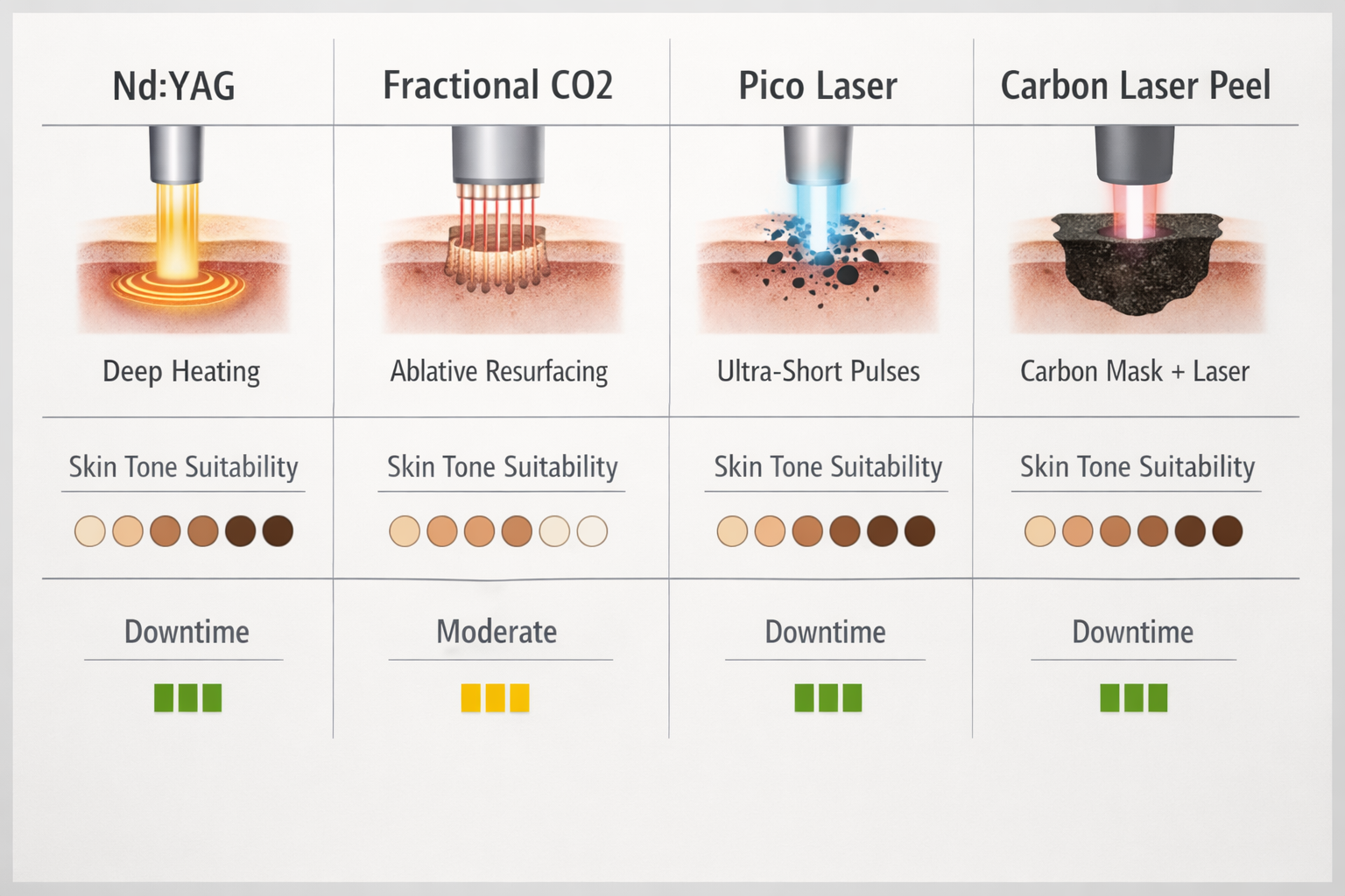 Comparison infographic of Nd:YAG, CO2, pico laser, and carbon peel for blackhead removal