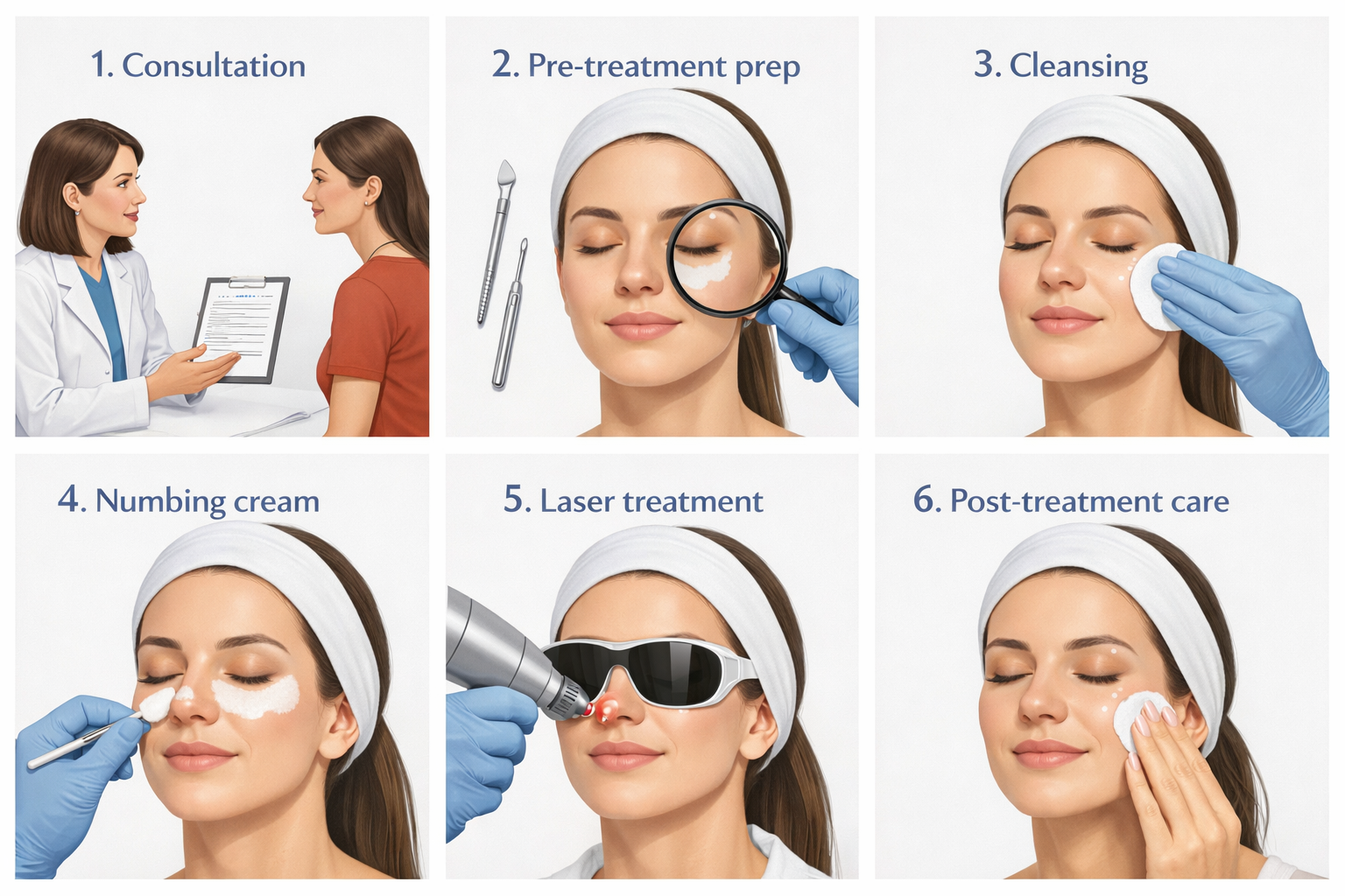 Step-by-step process diagram for a laser blackhead removal treatment session