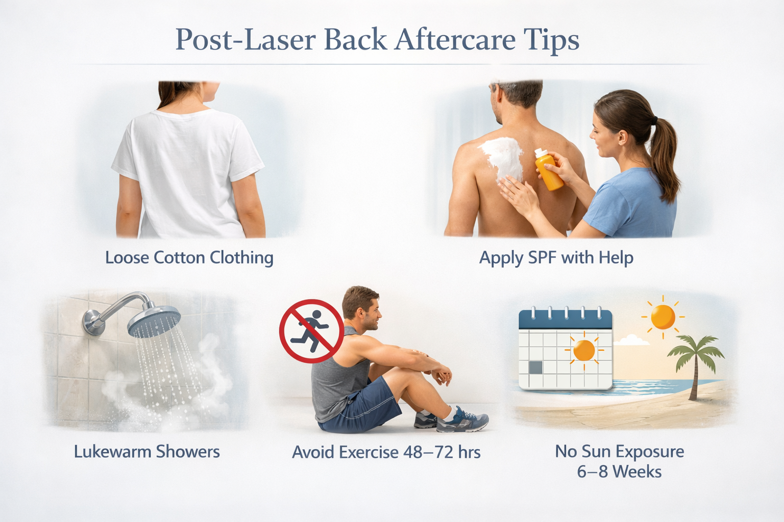 Aftercare tips infographic for laser back acne treatment including SPF, loose clothing and no