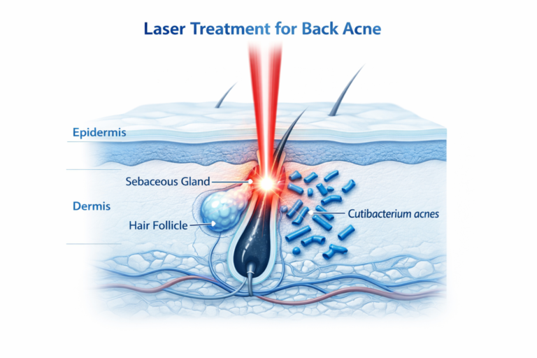 Illustration of laser targeting sebaceous gland and acne bacteria in back skin cross-section