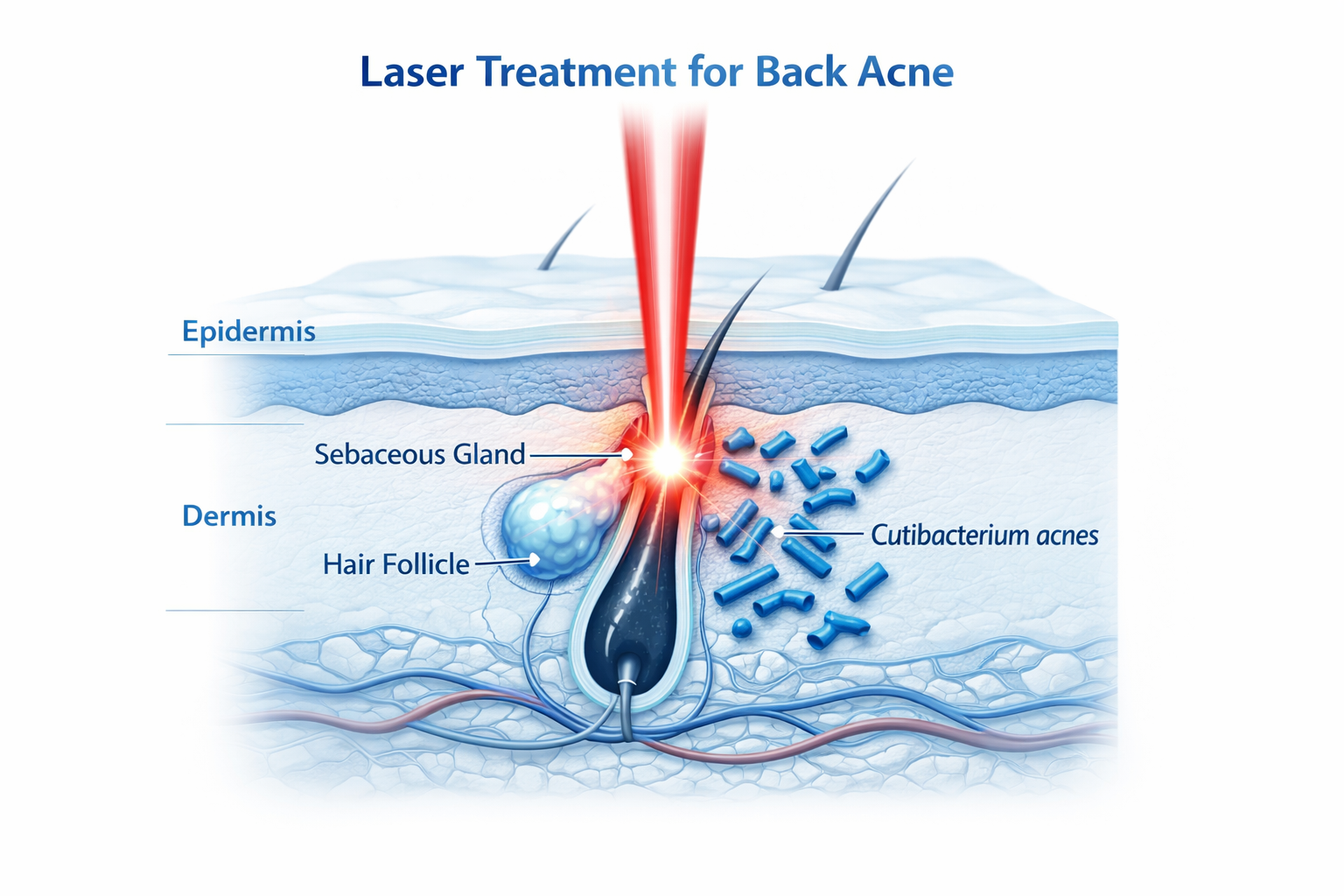 Illustration of laser targeting sebaceous gland and acne bacteria in back skin cross-section