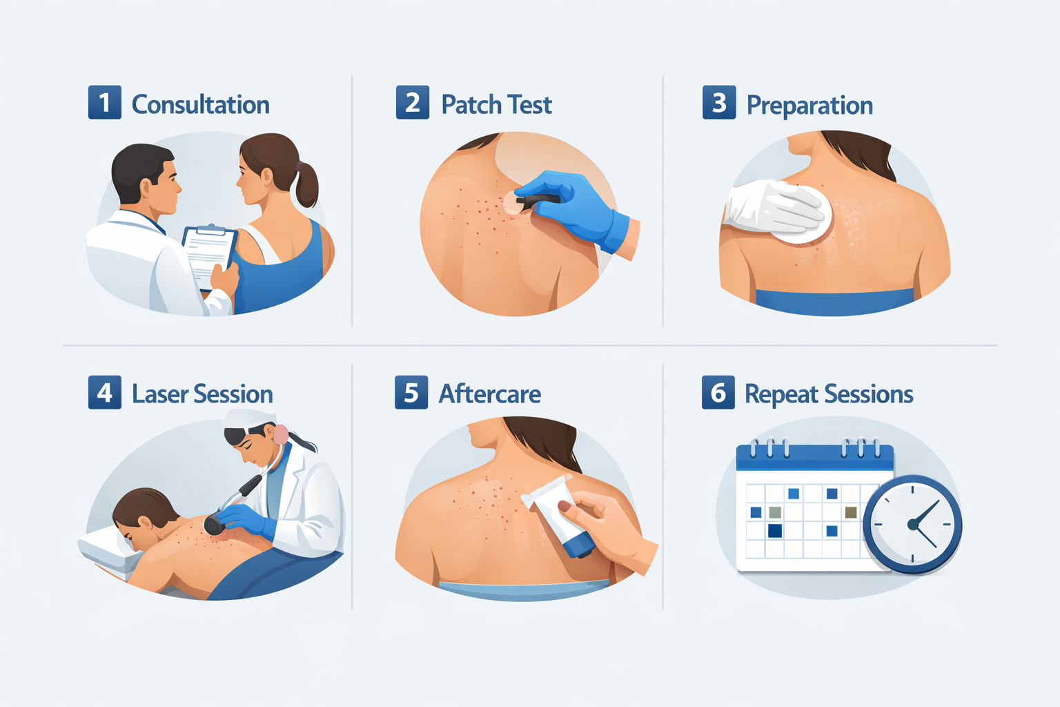 Six-step process diagram for back acne laser treatment from consultation to repeat sessions