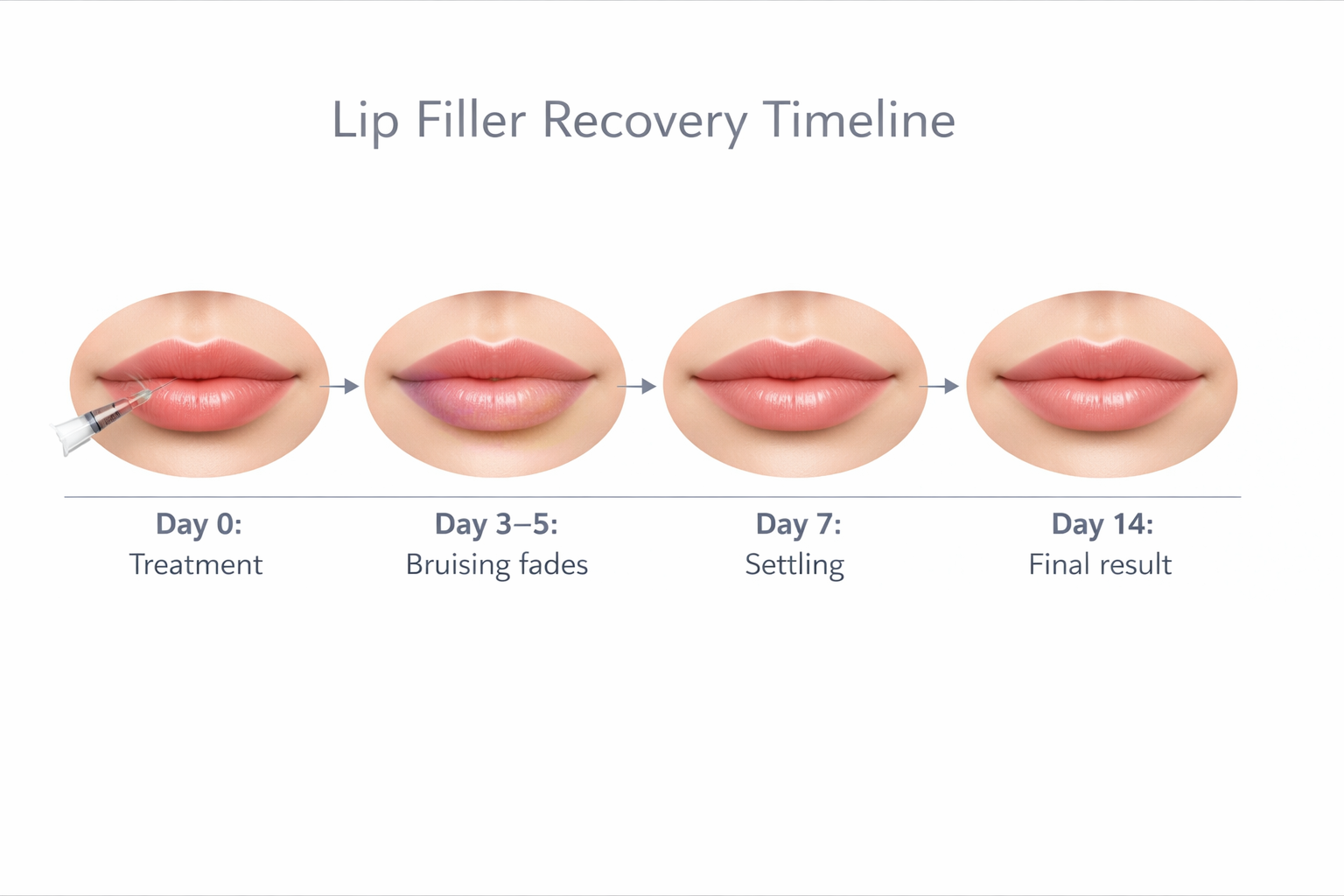 Timeline infographic showing lip filler swelling and recovery from day 0 to final result at 2 weeks