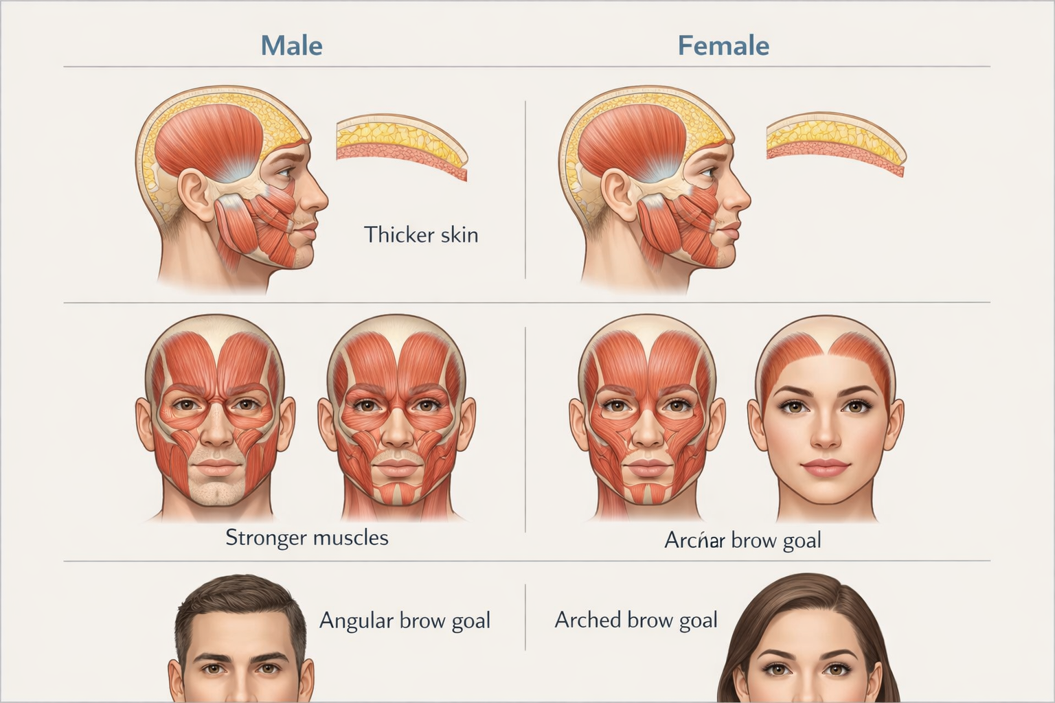 Comparison of male vs female facial anatomy differences relevant to botox treatment