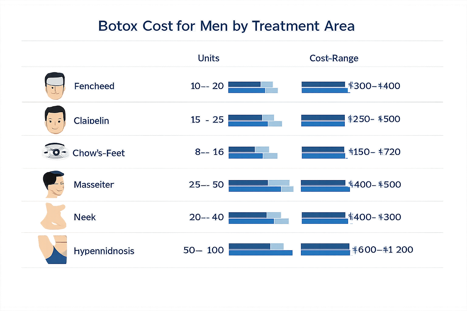 Male botox cost ranges by treatment area including units and price estimates
