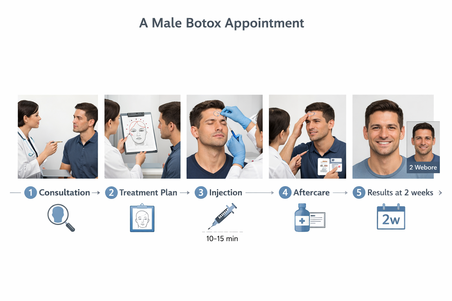 Step-by-step process of a male botox appointment from consultation to results