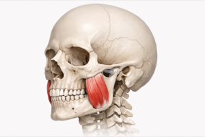 Anatomical illustration of the masseter muscle and TMJ on the human jaw