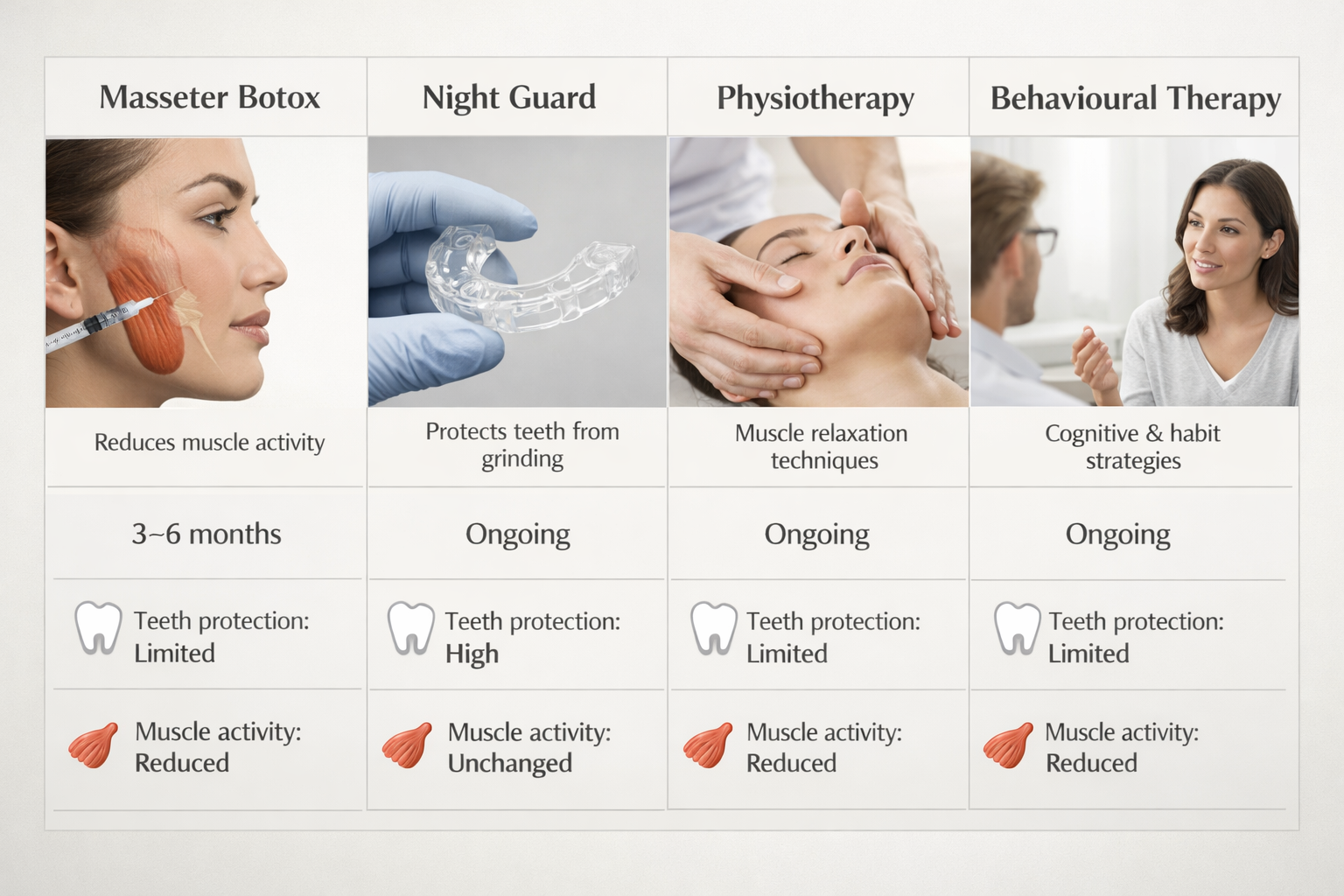 Comparison graphic of masseter Botox versus night guard, physiotherapy, and behavioural therapy
