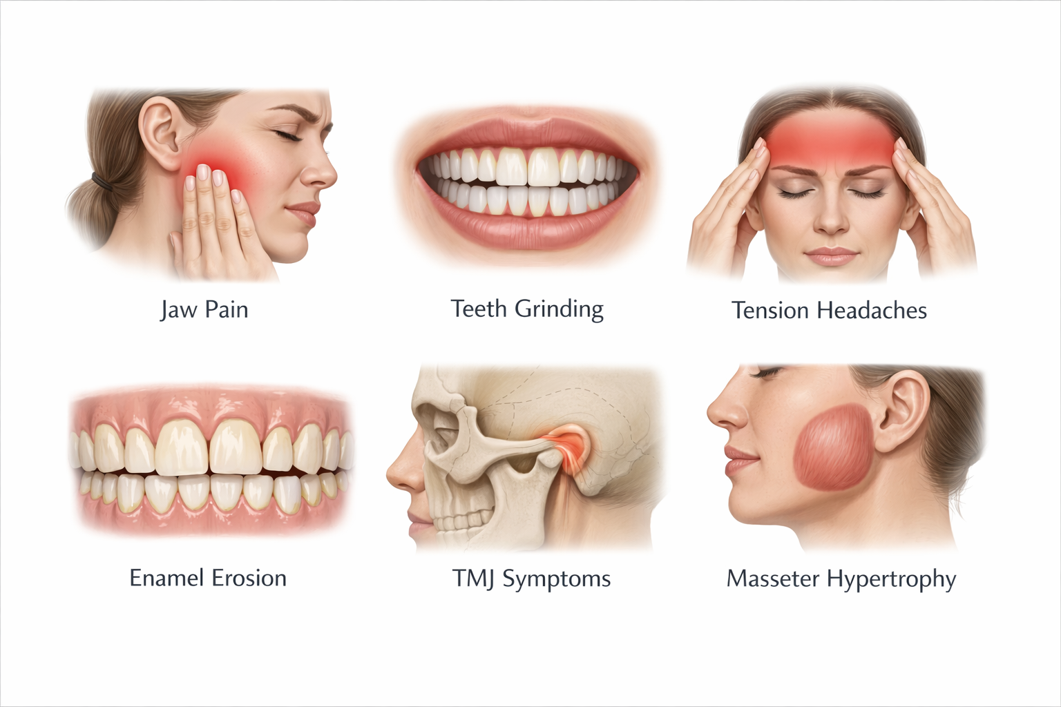 Illustration showing common bruxism symptoms including jaw pain, tooth wear, headaches and