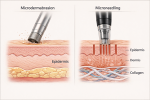 Microdermabrasion vs microneedling: side-by-side illustration showing depth of skin action