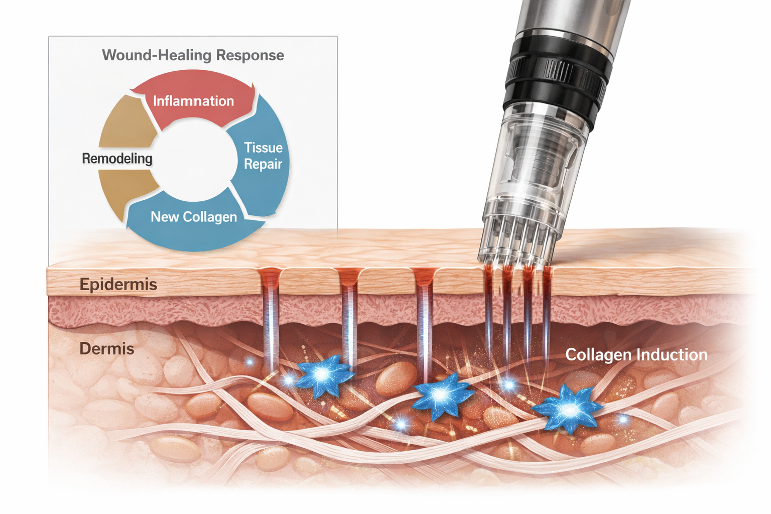 Microneedling pen creating controlled micro-injuries in the dermis to stimulate collagen production