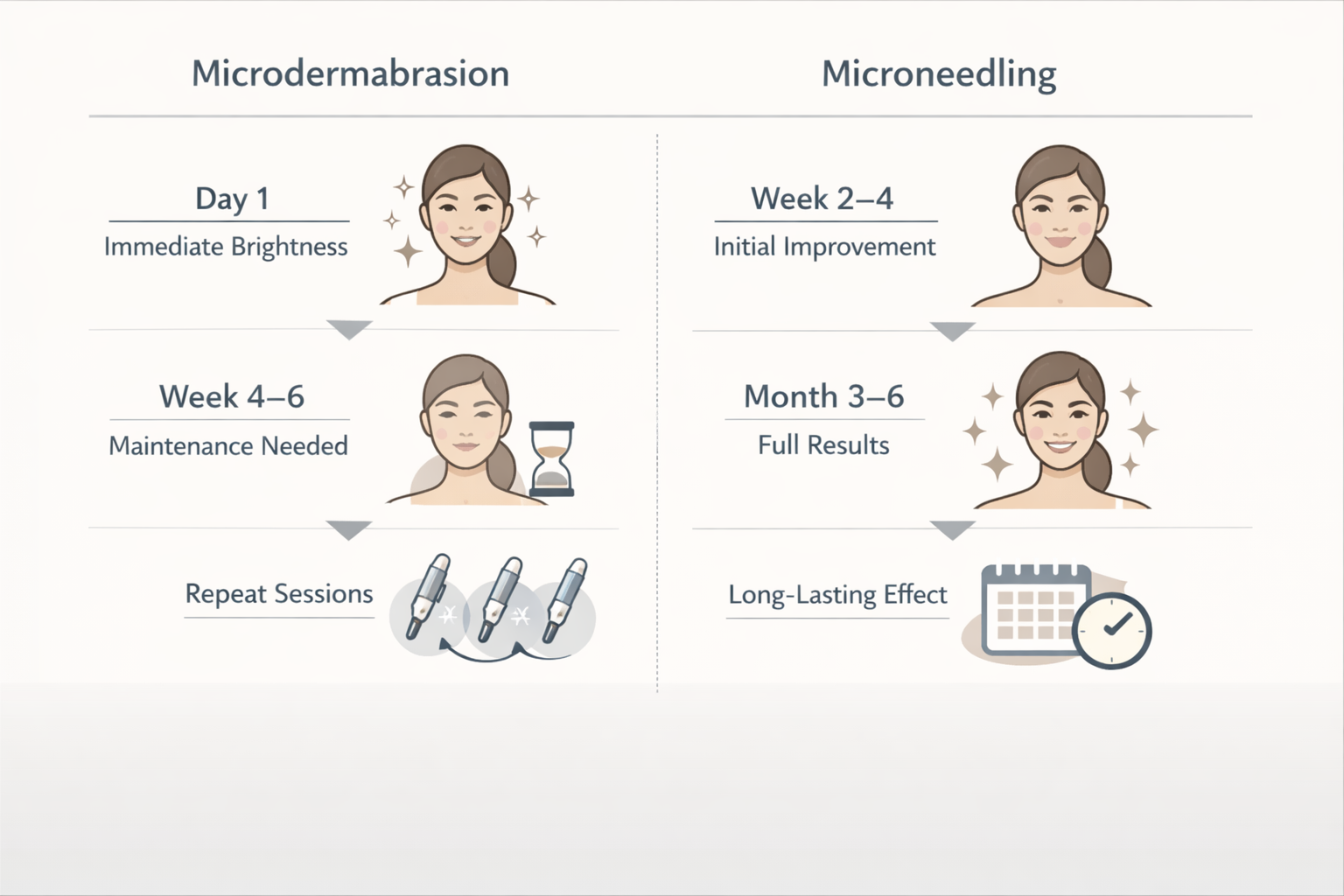 Timeline comparison of microdermabrasion vs microneedling results showing when improvements appear