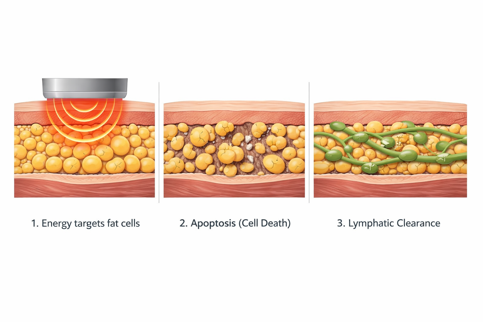 Three-stage diagram of fat cell apoptosis and lymphatic clearance after non-surgical fat removal