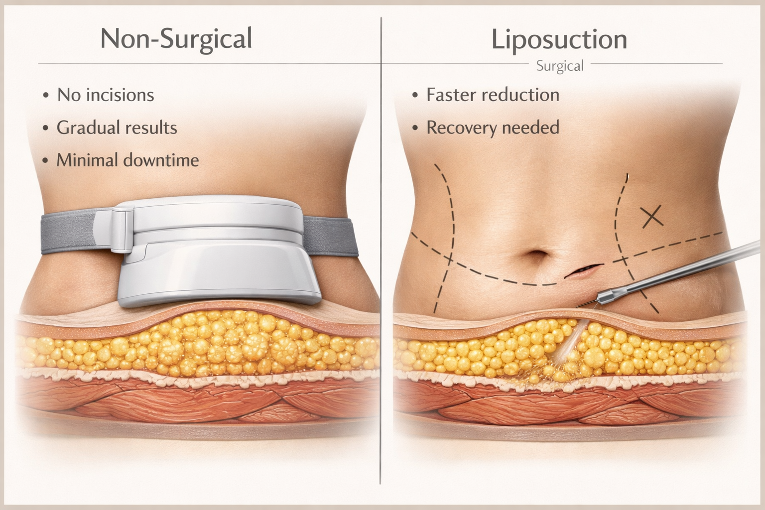 Side-by-side comparison illustration of non-surgical fat removal versus liposuction procedure