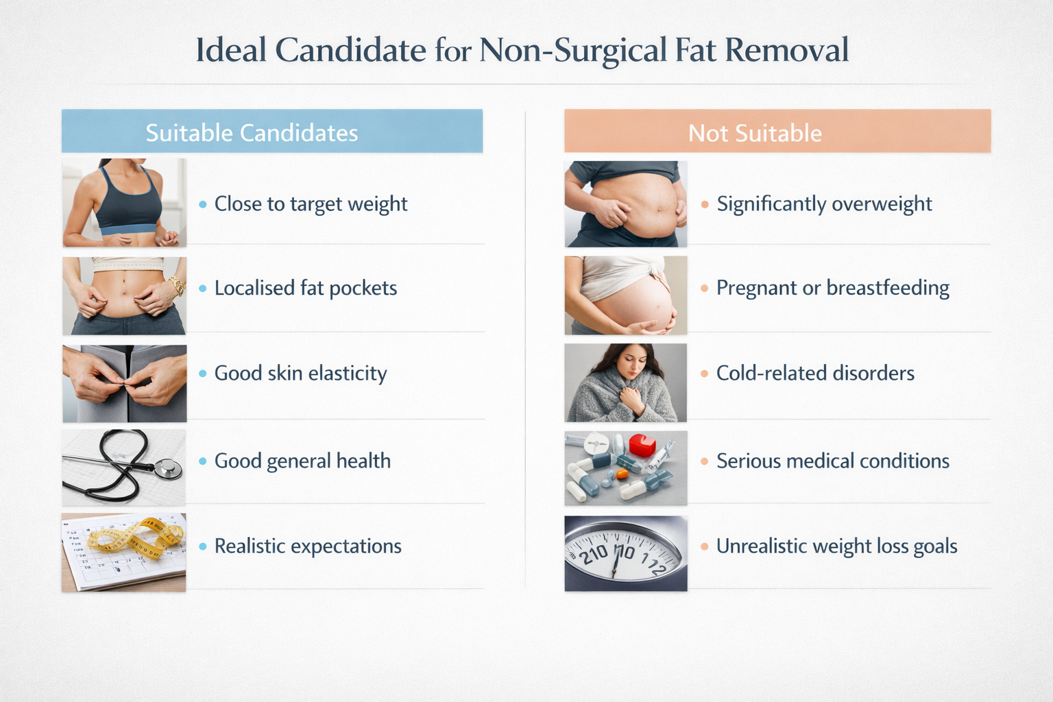 Infographic showing suitable and unsuitable candidate profiles for non-surgical fat removal
