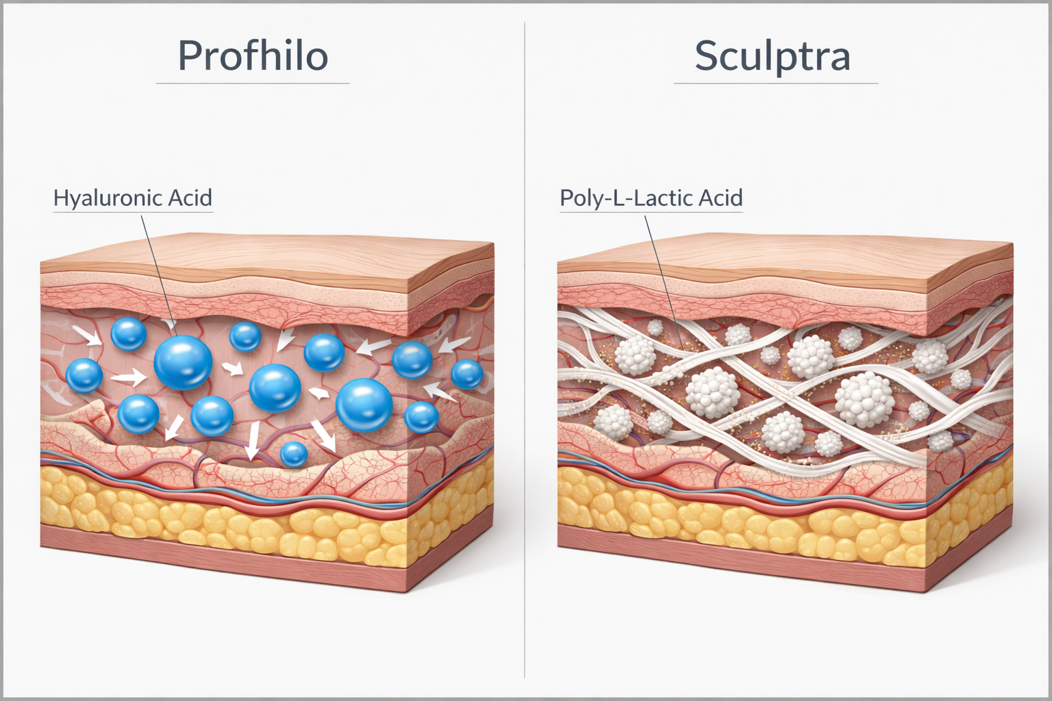 Profhilo vs Sculptra injectable treatment comparison illustration showing mechanisms of action